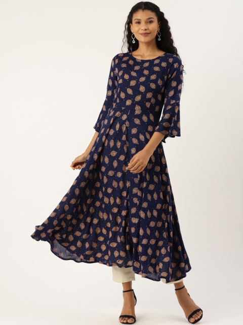 

Cottinfab Women Navy Blue & Beige Polka Printed A-Line Kurta