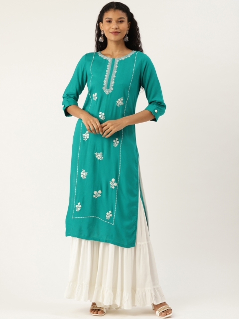 

Cottinfab Women Green & White Embroidered Straight Kurta