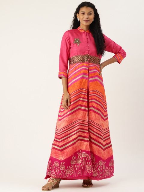

Cottinfab Women Pink & Orange Striped A-Line Kurta with Palazzos
