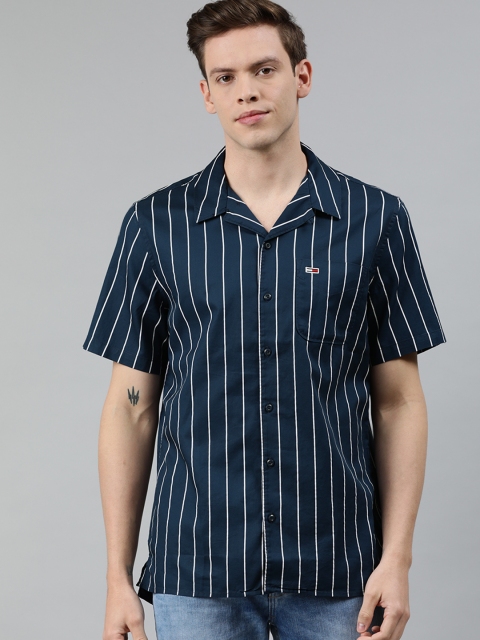 

Tommy Hilfiger Men Navy Blue & White Regular Fit Striped Cuban Collar Casual Shirt
