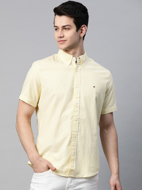 

Tommy Hilfiger Men Yellow & White Regular Fit Pure Cotton Oxford Striped Casual Shirt