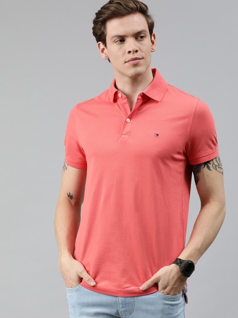 

Tommy Hilfiger Men Coral Pink Solid Slim Fit Polo Collar T-shirt