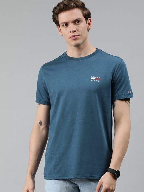 

Tommy Hilfiger Men Teal Blue Solid Slim Fit Round Neck Pure Cotton T-shirt with Embroidery