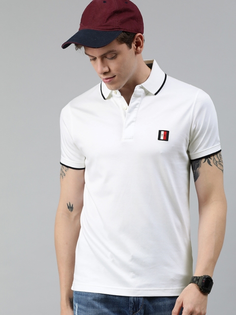 

Tommy Hilfiger Men White Solid Polo Collar Pure Cotton T-shirt with Embroidery