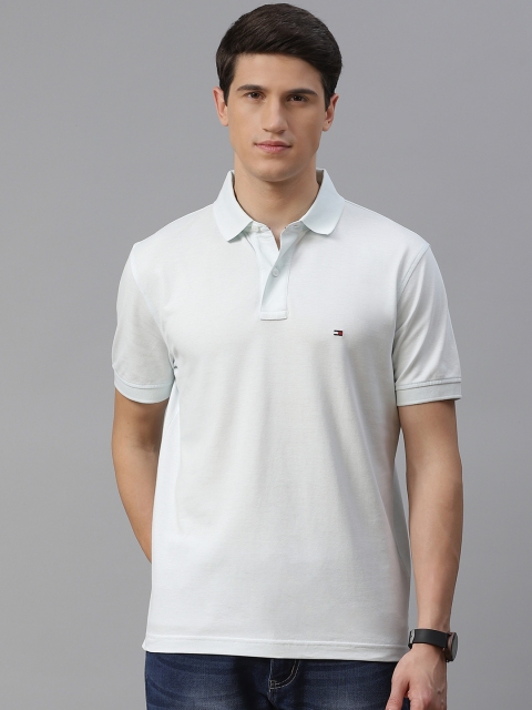 

Tommy Hilfiger Men Light Blue Pure Cotton Polo Collar Pure Cotton T-shirt