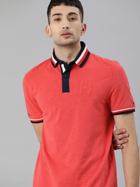 

Tommy Hilfiger Men Coral Pink Solid Polo Collar T-shirt