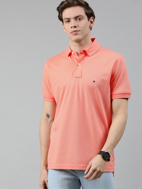 

Tommy Hilfiger Men Peach-Coloured Solid Polo Collar Pure Cotton T-shirt