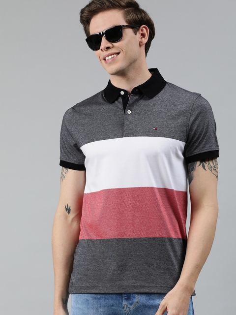 

Tommy Hilfiger Men Black & White Striped Polo Collar T-shirt