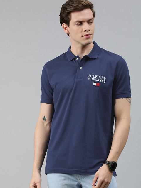 

Tommy Hilfiger Men Blue Solid Polo Collar Pure Cotton T-shirt with Embroidery