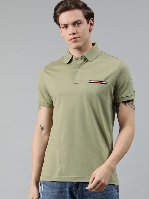 

Tommy Hilfiger Men Olive Green Solid Polo Collar Pure Cotton T-shirt