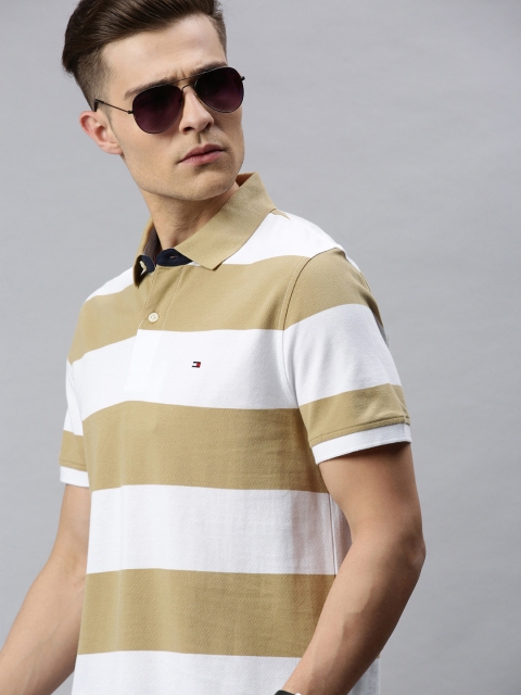 

Tommy Hilfiger Men Beige & White Striped Polo Collar T-shirt