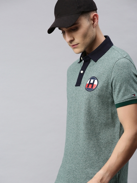 

Tommy Hilfiger Men Green Solid Slim Fit Polo Collar T-shirt with Applique Detail