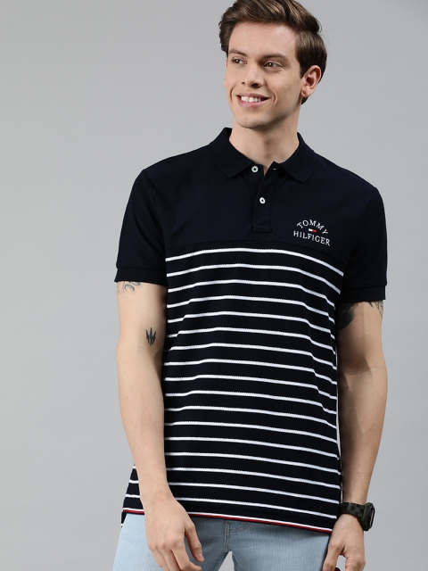 

Tommy Hilfiger Men Navy Blue White Striped Polo Collar Pure Cotton T-shirt