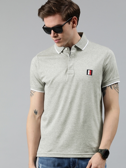 

Tommy Hilfiger Men Grey Solid Polo Collar Pure Cotton T-shirt with Embroidery