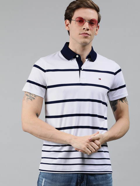 

Tommy Hilfiger Men White Navy Blue Striped Polo Collar Pure Cotton T-shirt