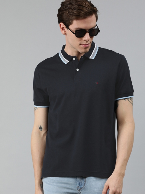 

Tommy Hilfiger Men Navy Blue Solid Polo Collar Pure Cotton T-shirt