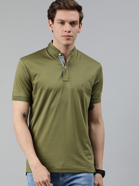 

Tommy Hilfiger Men Olive Green Solid Polo Collar T-shirt
