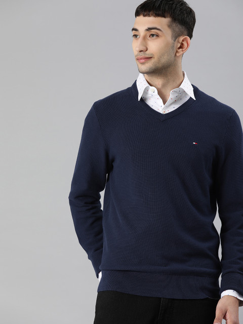 

Tommy Hilfiger Men Navy Blue Self Design Pullover Sweater
