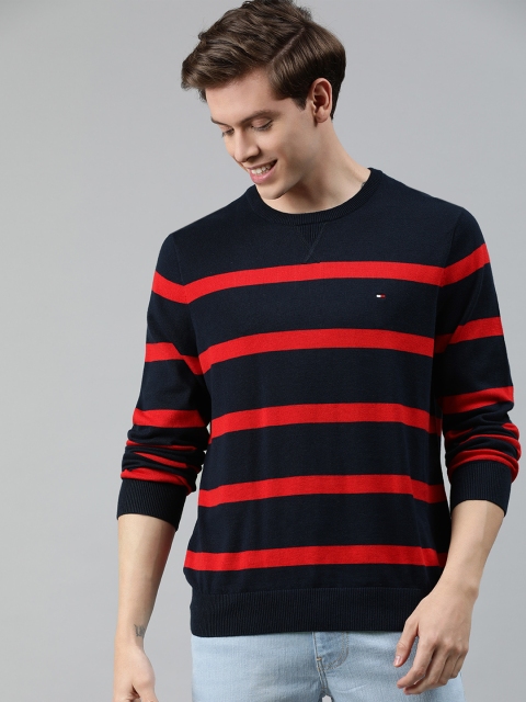 

Tommy Hilfiger Men Navy Blue & Red Striped Pullover Sweater