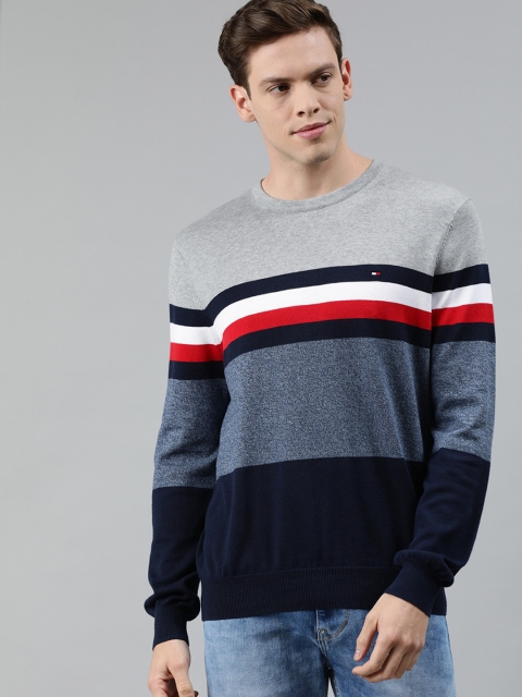 

Tommy Hilfiger Men Grey & Blue Striped Pullover Sweater