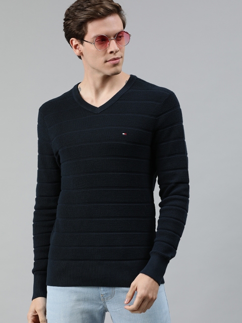 

Tommy Hilfiger Men Navy Blue Striped Pullover Sweater