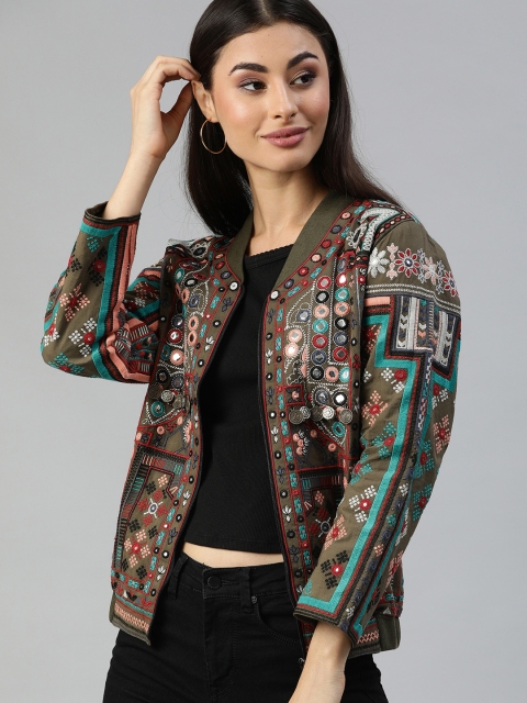 

Ishin Women Olive Green Embroidered Lightweight Ethnic Bomber Jacket