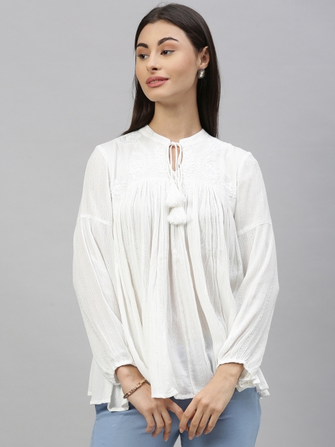 

Ishin Women White Embroidered Gathered Puffed Sleeve Boxy Top