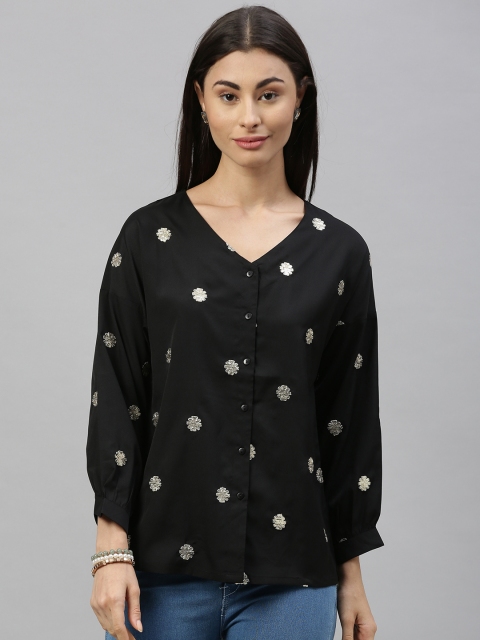 

Ishin Women Black Sequin Embellished Shirt Style Top