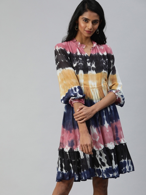 

Ishin Women Black & Pink Dyed Tiered A-Line Dress