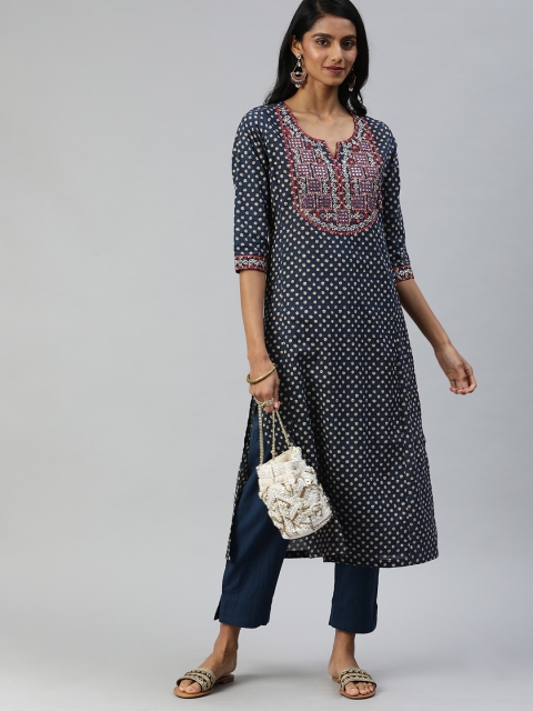 

Ishin Women Navy Blue & Beige Printed Kurta with Trousers