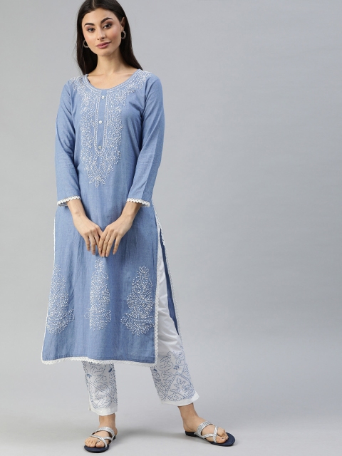 

Ishin Women Blue & White Embroidered Kurta with Trousers