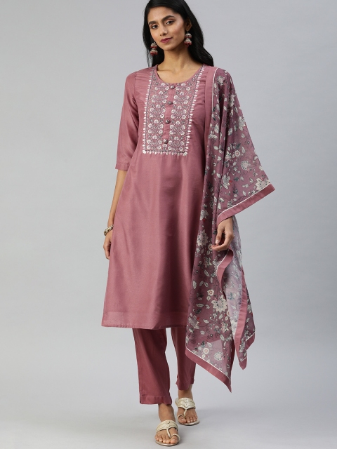 

Ishin Women Mauve Embroidered Yoke Design Kurta with Trousers & Dupatta