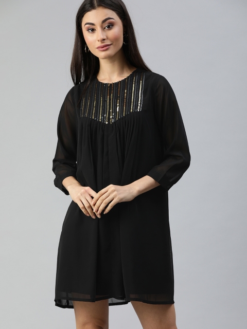 

Ishin Women Black Embellished Shift Dress