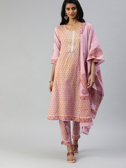 

Ishin Women Pink & Mustard Yellow Printed Kurta with Trousers & Dupatta