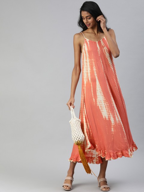 

Ishin Women Peach-Coloured Dyed Maxi Dress with Gathered Detail