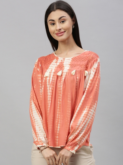 

Ishin Women Peach-Coloured & Beige Tie & Dye Top