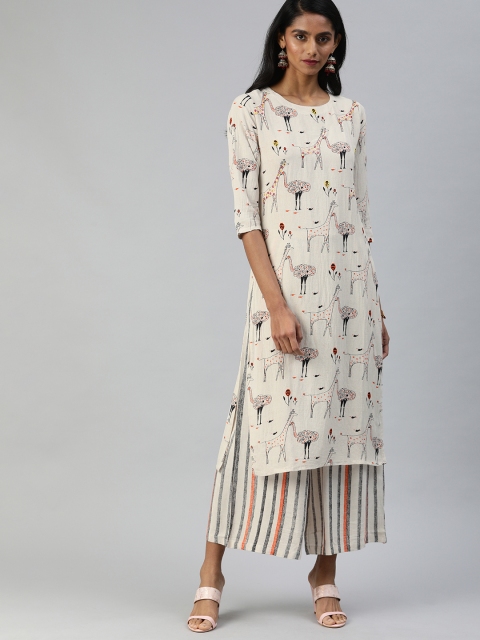 

Ishin Women Off-White & Orange Embroidered Mirror Work Kurta with Palazzos