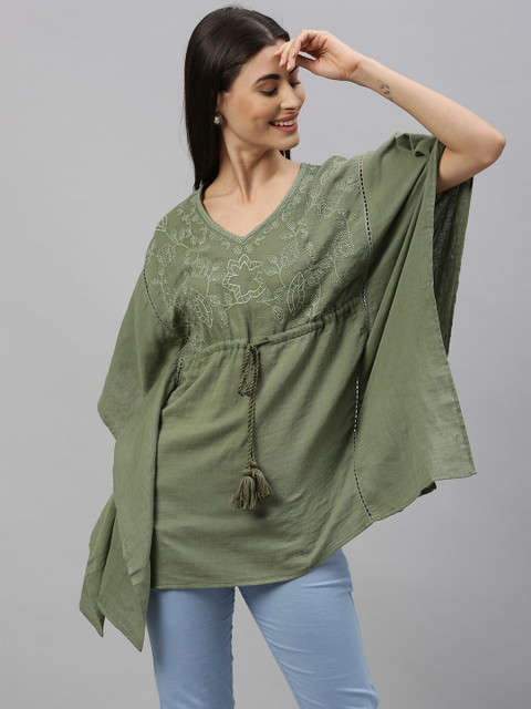 

Ishin Women Olive Green Embroidered Kaftan Top