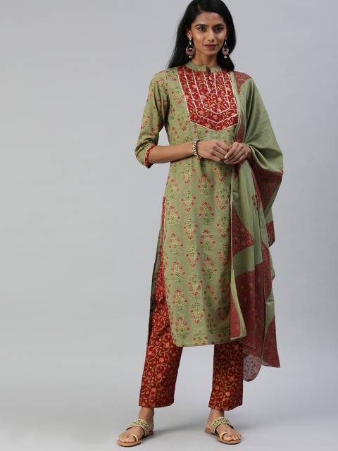 

Ishin Women Green & Maroon Printed Kurta with Trousers & Dupatta