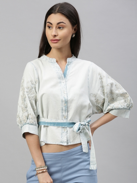 

Ishin Women Blue Solid Denim Crop Pure Cotton Top with Embroidery