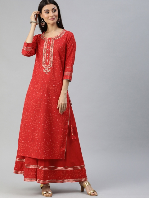 

Ishin Women Red & Golden Bandhani Printed Zari Work Kurta with Palazzos