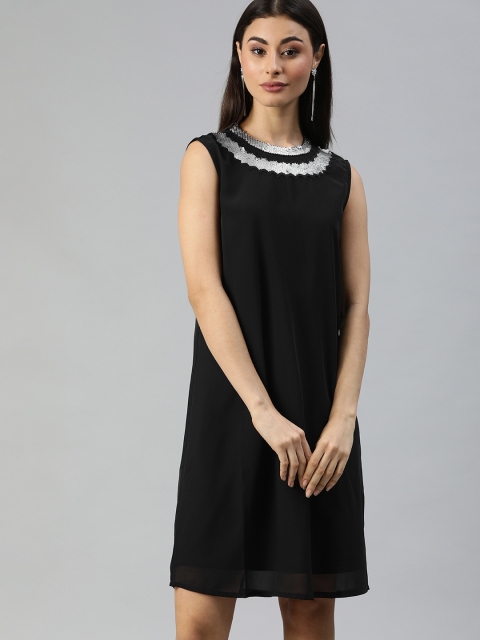 

Ishin Women Black Solid Jewel Neck A-Line Dress with Sequinned Detail