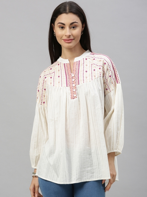 

Ishin Women Off-White & Pink Embroidered Gathered Boxy Pure Cotton Top