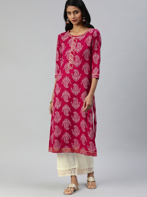 

Ishin Women Pink & Off-White Paisley Printed Zari Work Kurta with Palazzos