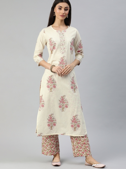 

Ishin Women Off-White & Pink Printed Kurta with Palazzos