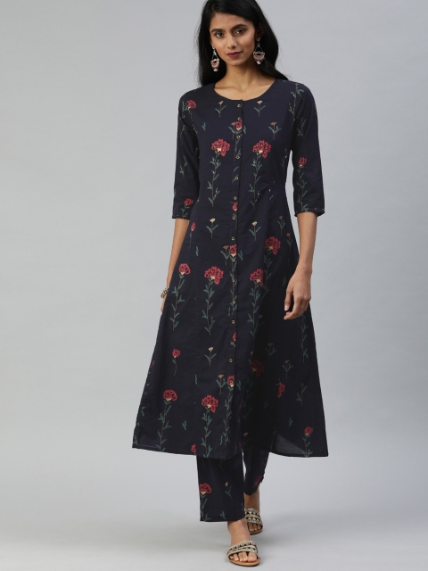 

Ishin Women Navy Blue & Red Printed Kurta with Trousers