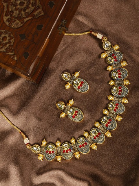 

Priyaasi Navy Gold-Plated Stone-Studded Beaded Enamelled Handcrafted Jewellery Set
