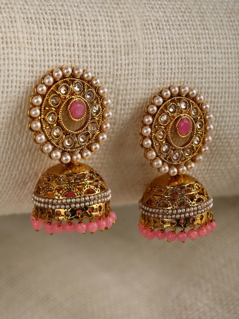 

Priyaasi Pink & White Gold-Plated Handcrafted Stone-Studded & Beaded Dome Shaped Jhumkas