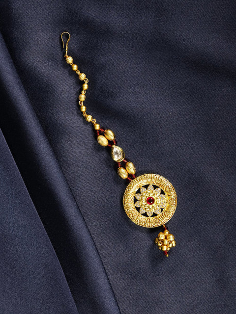 

Priyaasi Red Gold-Plated Stone-Studded & Beaded Handcrafted Maang Tika