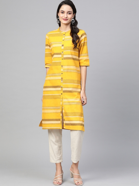 

Ishin Women Mustard Yellow & Brown Striped Straight Kurta